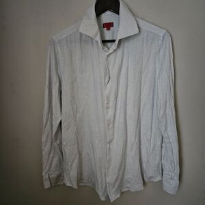 ZNT18 Button Down Shirt White Blue Polka Dot Print Neutral 16.5 34/35
